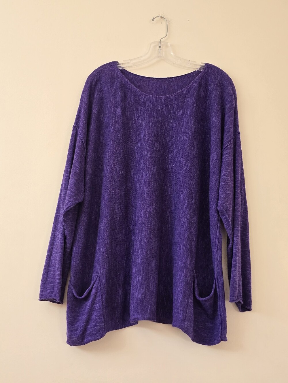 Eileen Fisher Purple Long Sleeve Tunic Top  SzL Organic Linen Cotton Slub Knit